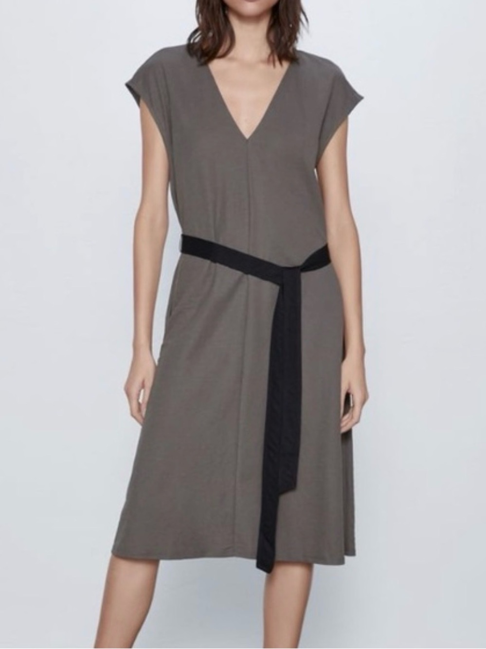 Zara Taupe Midi Dress V Neck Cap Sleeve Belted Waist Size Small Under Knee